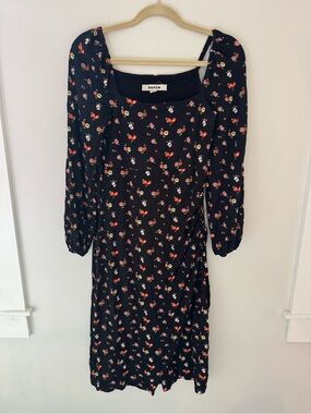 Boden Black Floral Midi Dress with Red & Pink Blooms